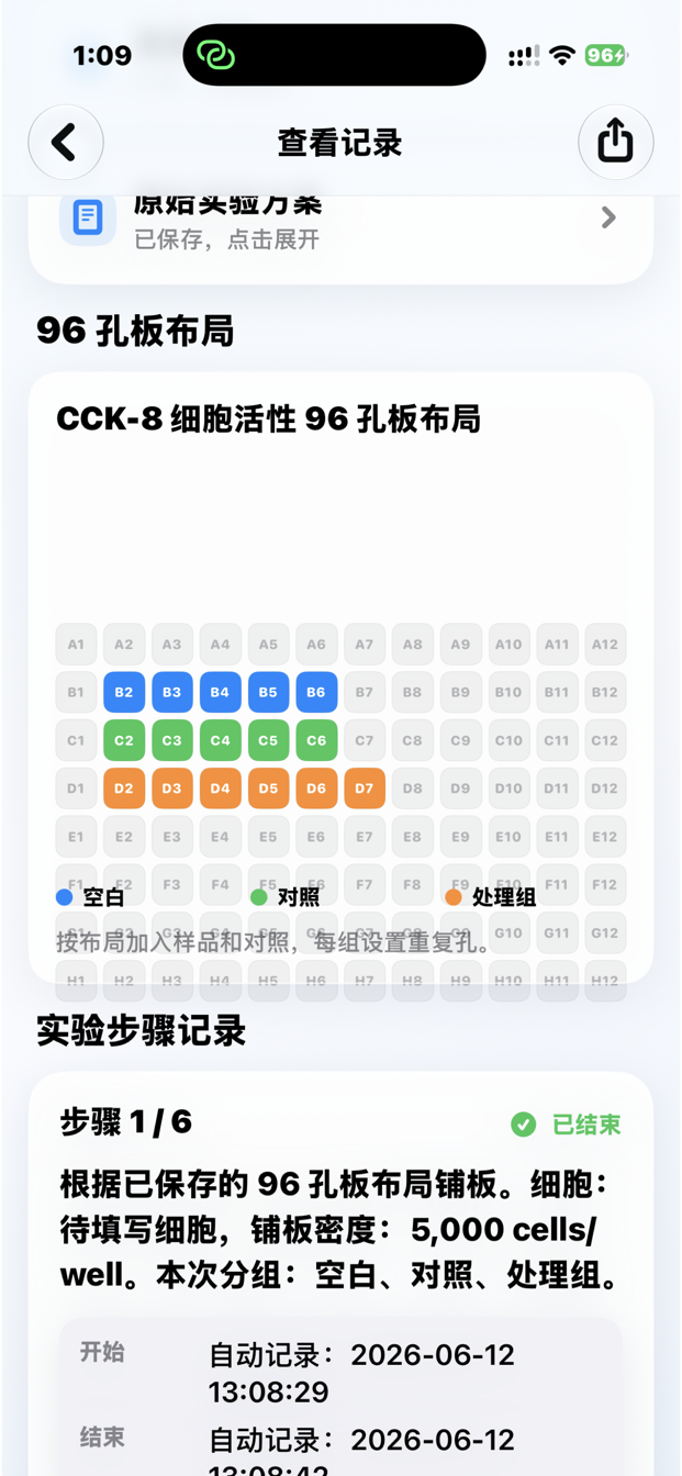 细胞实验记录界面,展示 96 孔板布局和实验步骤